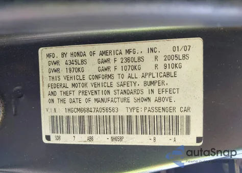2007 Honda Accord 3.0 Ex from USA, damaged, VIN 1HGCM66847A056563